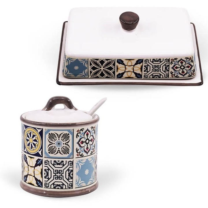 Kerámia szett Holiday in Porto Maestro: cukortartó 300ml kanállal és vajtartó, portugál design, kék és fehér