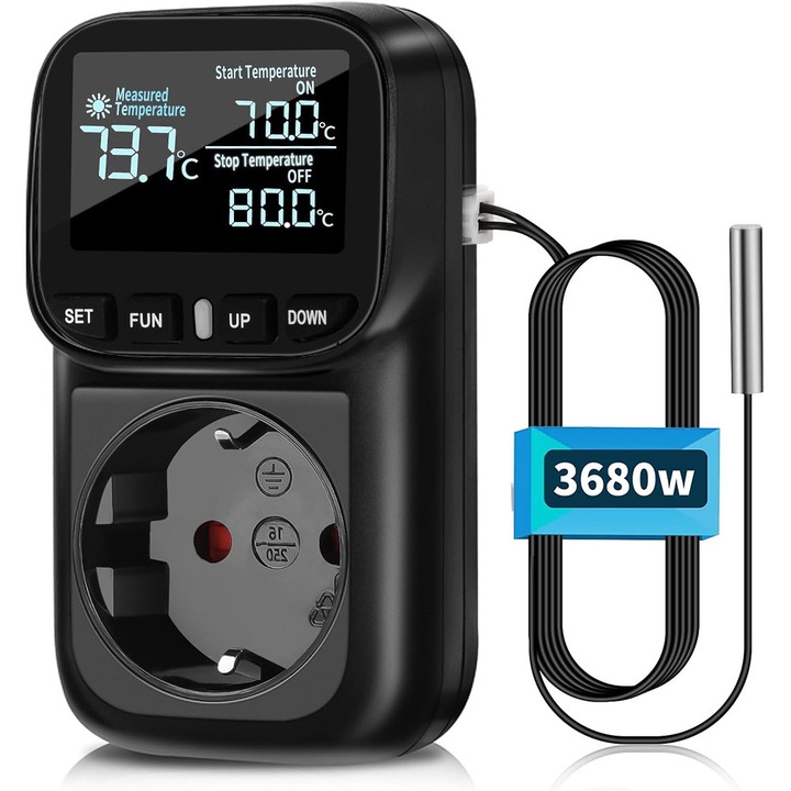 Termostat Digital Priza cu Senzor, 230V/16A/3680W, Programabila, Control Incalzire si Racire pentru Sere, Acvariu, Frigidere, Afisaj Temperatura, Negru