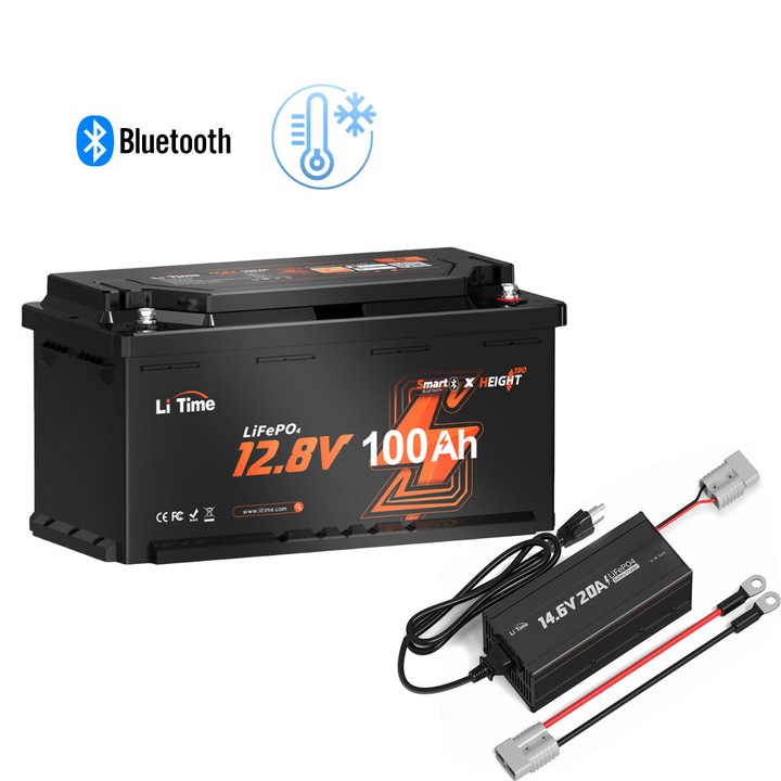 Acumulator solar 12V 100Ah H190 Bluetooth + Incarcator baterie litiu 14.6V 20A LiTime, 1280Wh, protectie la temperaturi scazute, dimensiuni 358x177x188mm