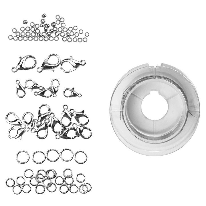 Ékszerkészítő kiegészítő szett, Titanum, 94 darab, ezüst, 50 bilincs, 3 kapocs, 10 kapocs, 5 gyűrű, 20 gyűrű