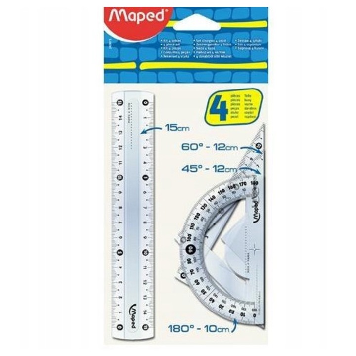 Set geometrie scolara Maped, rigla 15cm, echer 45-15cm, raportor 180-10cm, plastic transparent