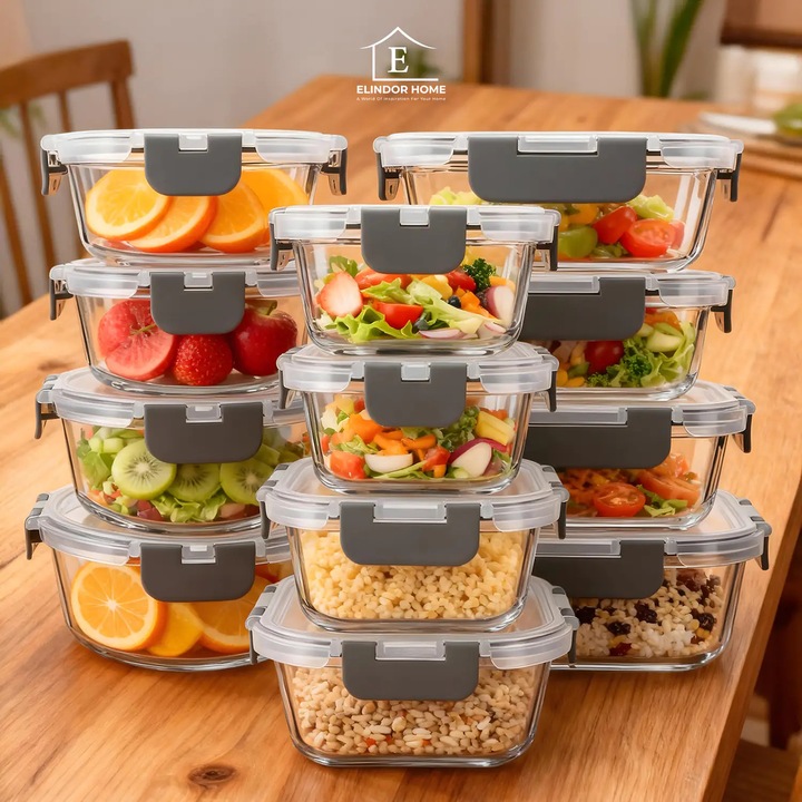 Комплект от 12 стъклени кутии Elindor®, контейнери за съставки за кухня, за сухи храни, контейнер за съхранение на кафе, захар, паста, зърнени храни, херметически затварящ се капак, подходящ за фризер, прозрачен