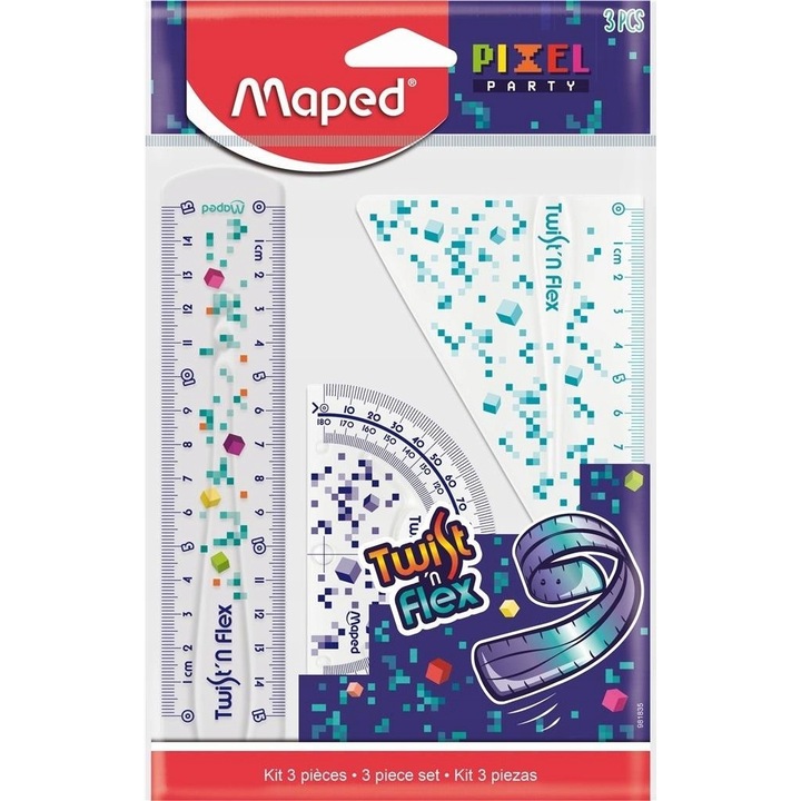 Set geometrie Maped Pixel Twist'n Flex, 3 piese, riglă 15cm, echer 15cm, raportor 180 grade, multicolor