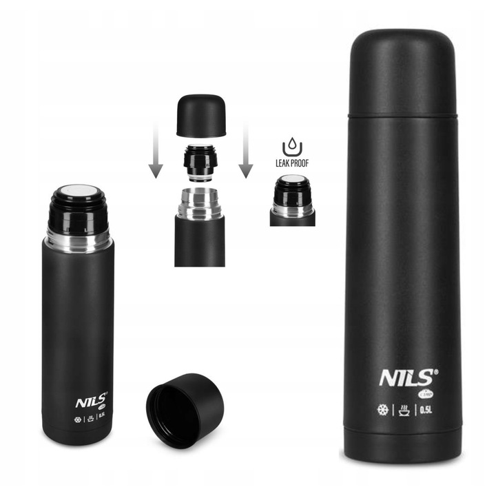Cana termos NILS CAMP 0.5L, inox, etans, compact, negru, 24.3x9.9cm
