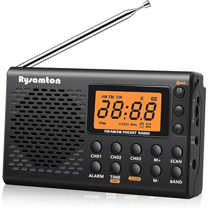 Преносимо радио на батерии, преносимо AM / FM / късовълново радио, голям цифров екран, радио часовник с аларма и функция за заспиване, захранване на батерии, черно