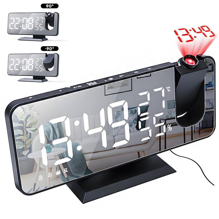 Часовник с аларма с проекция YOUKUKE®, с LED екран, FM радио, въртене на 180 градуса, дисплей за температура и влажност, черно-син