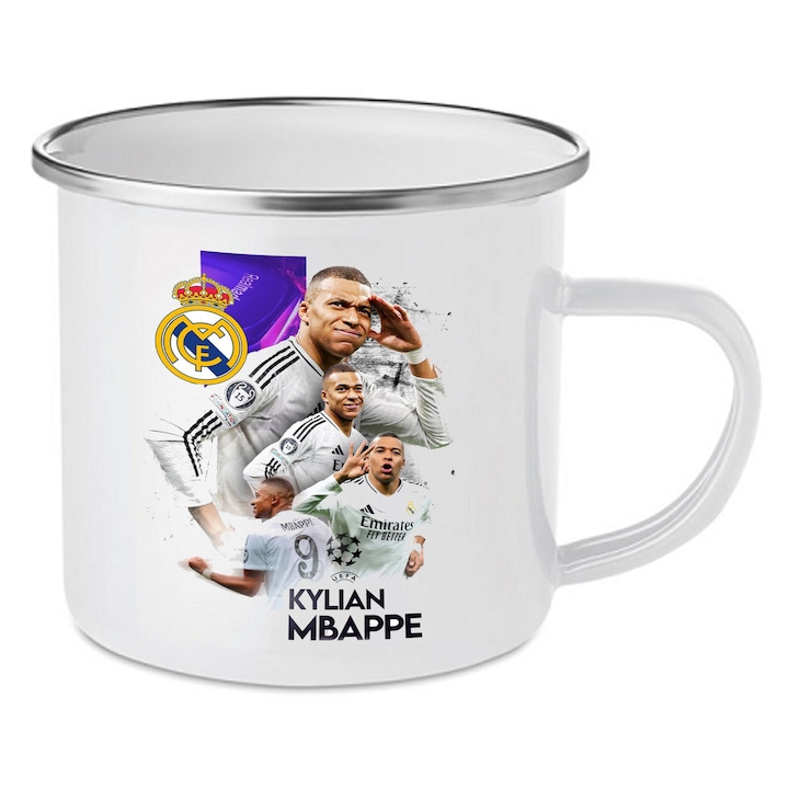 Cana emailata, imprimeu Kylian Mbappe, 350 ml, design fan-made, cadou suporteri Real Madrid fotbal