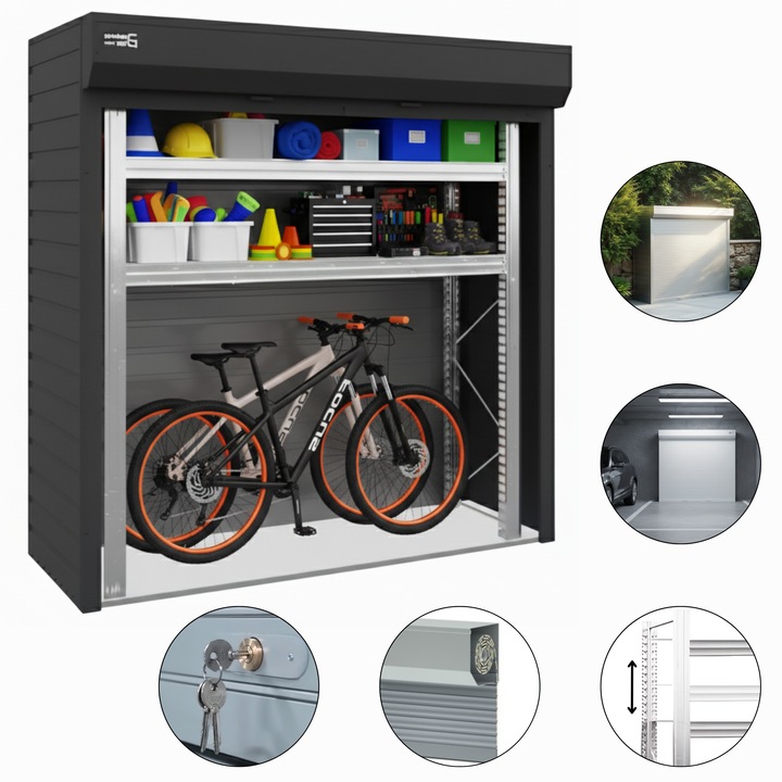 Шкаф за съхранение на закрито ParkingBox® Compact, За съхранение на скутери, велосипеди, строителни материали, мебели, идеален за подземен паркинг, тераса, гараж, Рафт с 2 регулируеми рафта, 200x210x75 см, Стомана, Антрацитно сиво