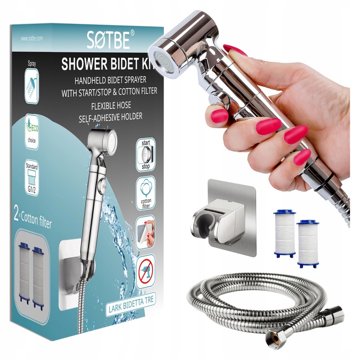 Set Bideu Igienic SOTBE LARK, Dus cu Filtru Bumbac, Furtun 150cm, Suport Autoadeziv, Crom Lucios