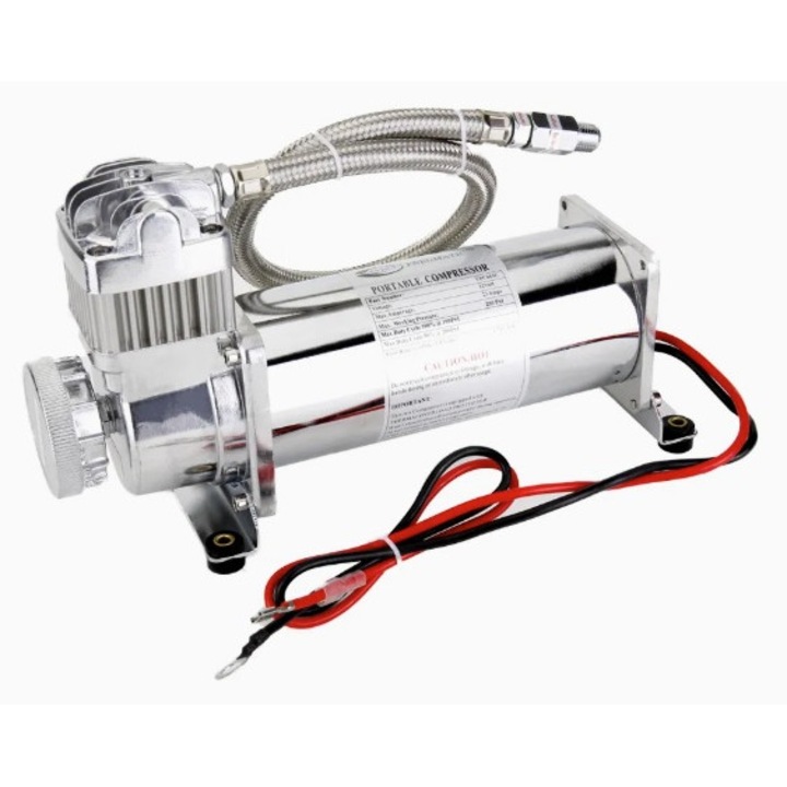 Compresor de aer auto portabil 12V, 300 PSI, debit 1.8 CFM, furtun metalic, pentru suspensie pneumatica, off-road, claxoane si sisteme aer