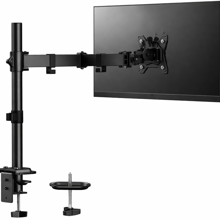Suport monitor reglabil VGSOLID AC12, 17"–32", (43 - 81 cm), VESA 75×75/100×100, 0–9 kg, inclinare ±45°, rotire 360°, montare pe birou, negru