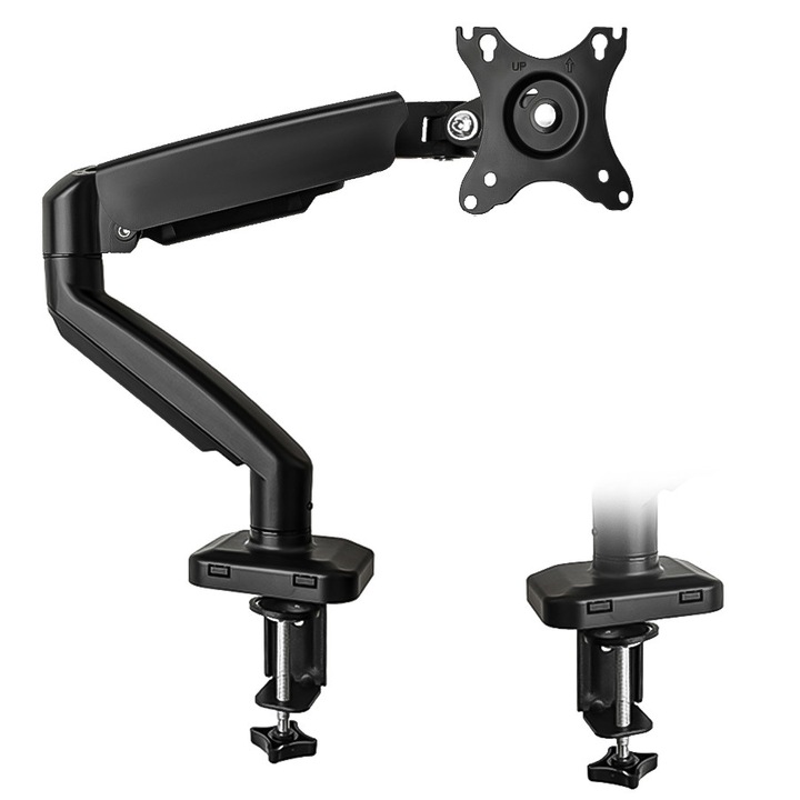 Suport monitor VGSOLID GC12, cu piston pe gaz, reglabil, 17"–32", (43 - 81 cm), VESA 75×75/100×100, 2–9 kg, inclinare ±45°, rotire 360°, prindere pe birou, negru
