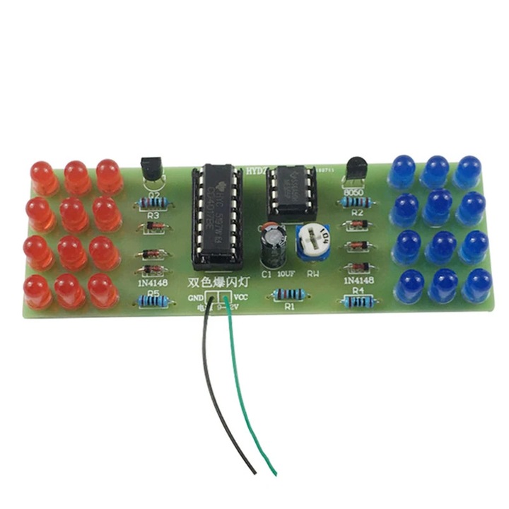 Kit de lumina intermitenta cu doua culori, rosu, albastru, stroboscop NE555 + CD4017, practica, invatare, truse electronice DIY, fara lipire