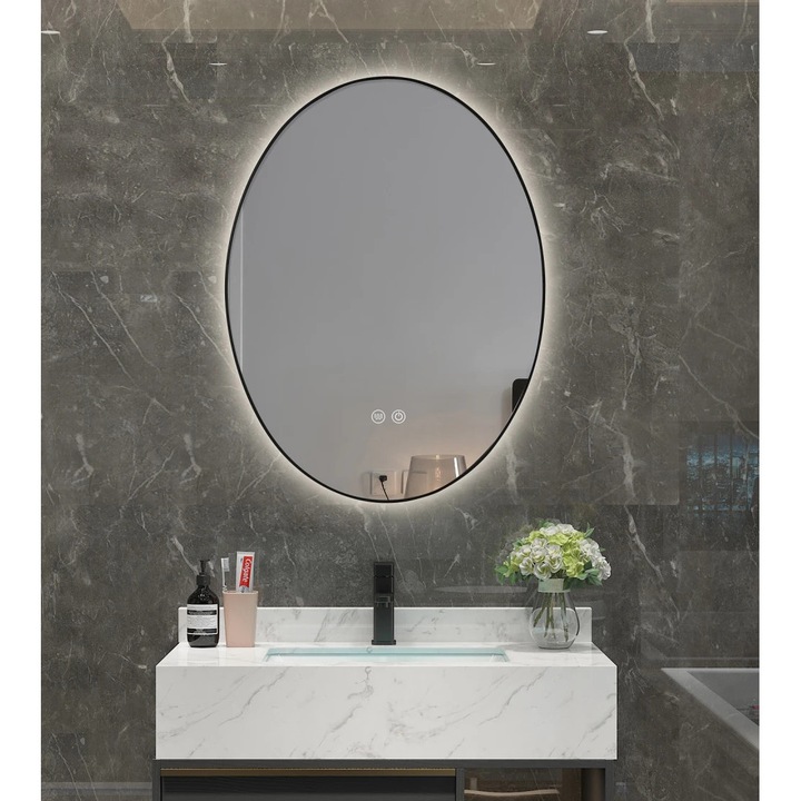 Oglindă baie ovală Mobatelier, 60x80 cm, iluminare LED, sistem dezaburire, ramă aluminiu negru