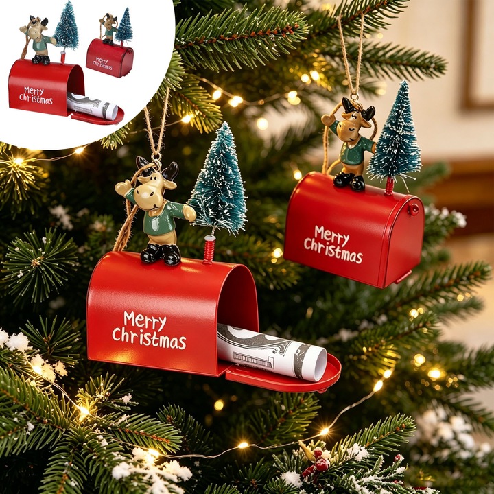 Set 2 Ornament decorativ mini de iarna din metal, AFKSMILE, inclusiv ren si brad de craciun, recuzita festiva de Craciun, decoratiune festiva pentru casa si interior, Potrivit copii, festival, oferirea de cadouri, Rosu, 11*6.5*4.2 cm