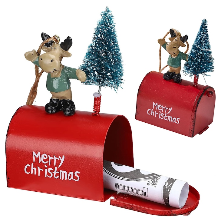 Set 2 cutii poștale decorative Crăciun, AFKSMILE, metalice, roșu, 11x6.5x4.2cm