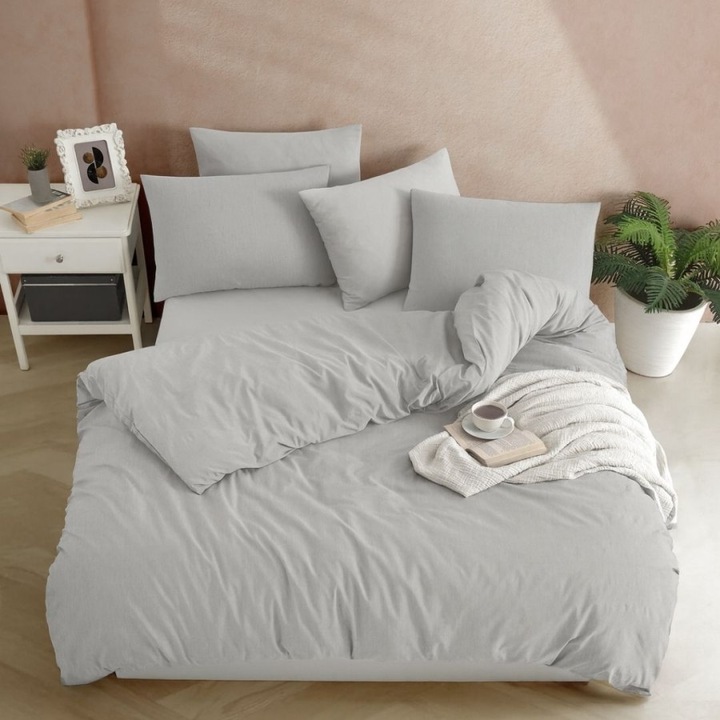 Lenjerie pat dublu, cearsaf de pat cu elastic: 160x200cm, 4 piese, Eponj Home, Yarn Dyed Gri