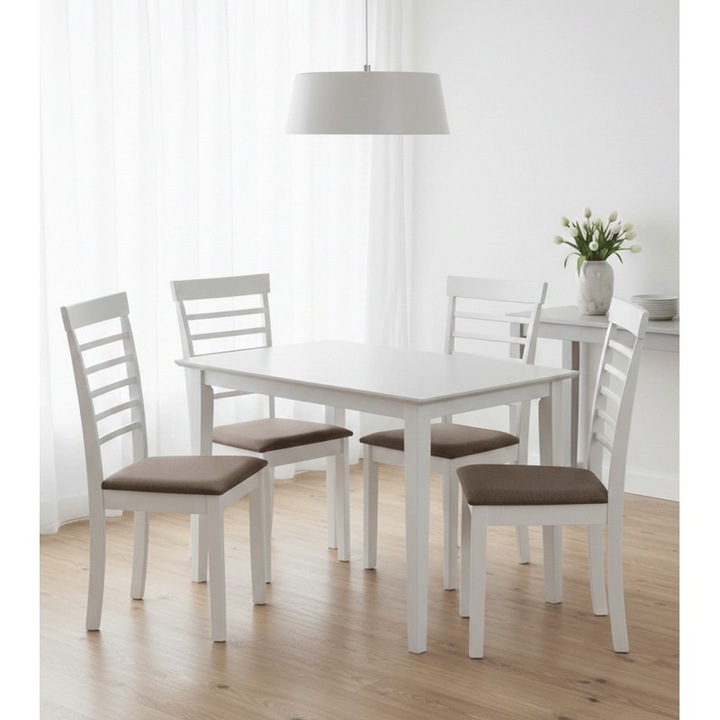 Set masa si 4 scaune Drimus Bali si Montreal, lemn masiv si MDF, alb, 112x72x74 cm