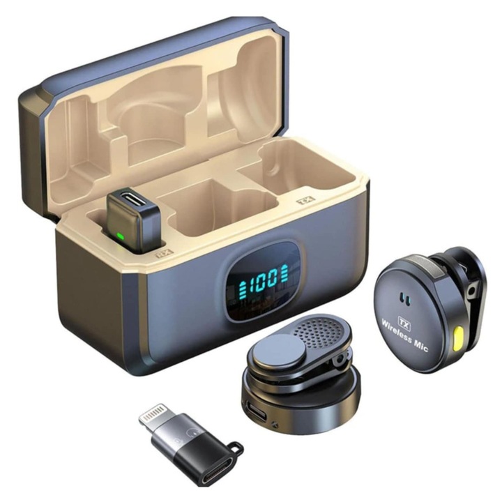 Set 2 Microfoane Lavaliera Wireless CerCip Q8, Compatibil cu Iphone si Android, Autonomie baterie 40 ore, Reducere zgomot exterior, Prindere pe magnet si clips, Cu carcasa de incarcare, Plug and Play, Afisaj digital, Raza 20m, 2.4G, Vlogging, Interviuri