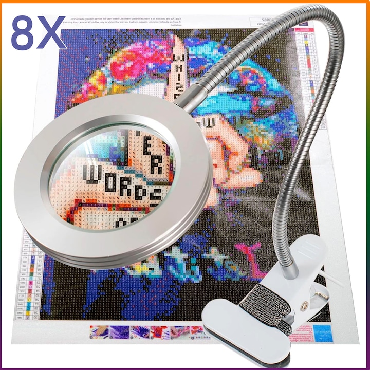 Asztali nagyító LED világítással, 8X-os kéz nélküli nagyító asztali lámpa, kézműves munkákhoz, közeli munkákhoz