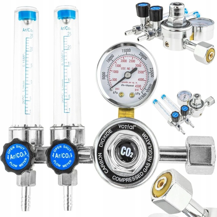 Reductor CO2/Argon cu rotametru dublu, Vorfal V02070, presiune maximă 200 bar, debit 2x25 l/min