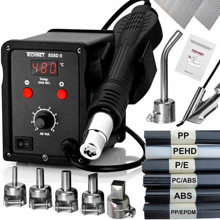 Aparat de sudat plastic Technet 858D II, 700W, LED, set 6 duze, 300g plastic