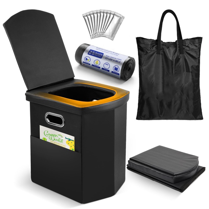 Toaleta Pliabila Camping WC, Bedee, cu 20*Agent de intarire, 1*Rola de saci de gunoi si sac de transport, 42 x 8 cm, Greutatea rulmentului 200 kg, cu Slot pentru maner, Pentru Camping, Masina, Drumetii, Ambuteiaje, Negru
