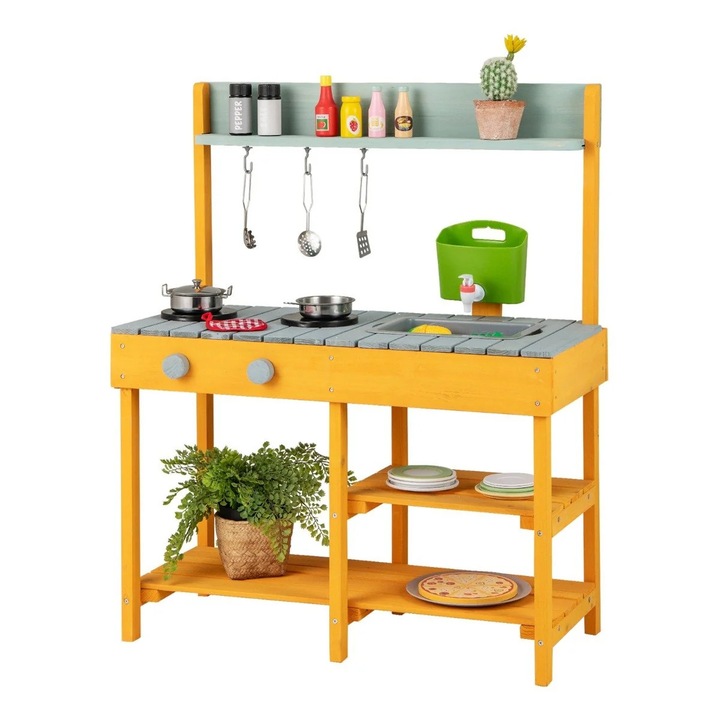 Kültéri sárkonyha vízzel, kampókkal és levehető polccal