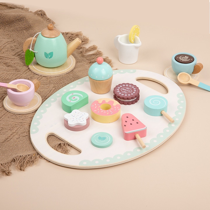 Set cu ceainic si cesti din lemn, Afternoon Tea, Montessori, joc de rol pentru copii, 18 piese, 3+