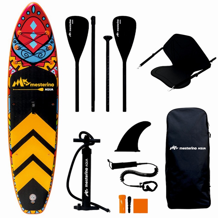 Set placa gonflabilă Stand Up Paddle MESTERINO Aqua SUP083, 320x81x15cm, geantă transport, vaslă, pompa, scaun, design Tribal