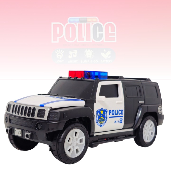 Полицейска кола, LuckyLu®, със звуци на сирена и светлини, електрически SUV модел за деца, отваряне и затваряне на вратите, черно - бяло 19 x 9 x 9 см, 3+ години