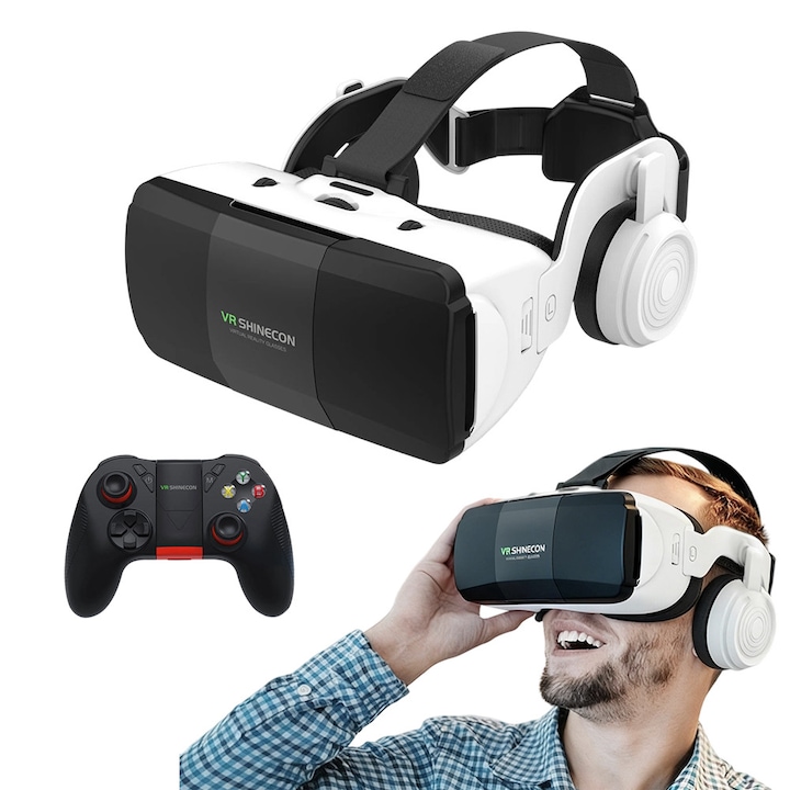 Excitat® Ochelari VR 3D Immersiivi cu Casti Bluetooth si Controller - Compatibil Android/iOS, Reglabil, Distanta Pupilara Ajustabila, Suport 4.7-8 Inch, 3.5mm Jack, Alb, Compatibili cu Minecraft, Roblox