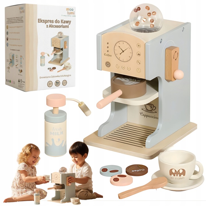 Espressor din lemn pentru copii, EWE TRADE, set 10 accesorii, albastru pastel, 25x17.5x14.5cm