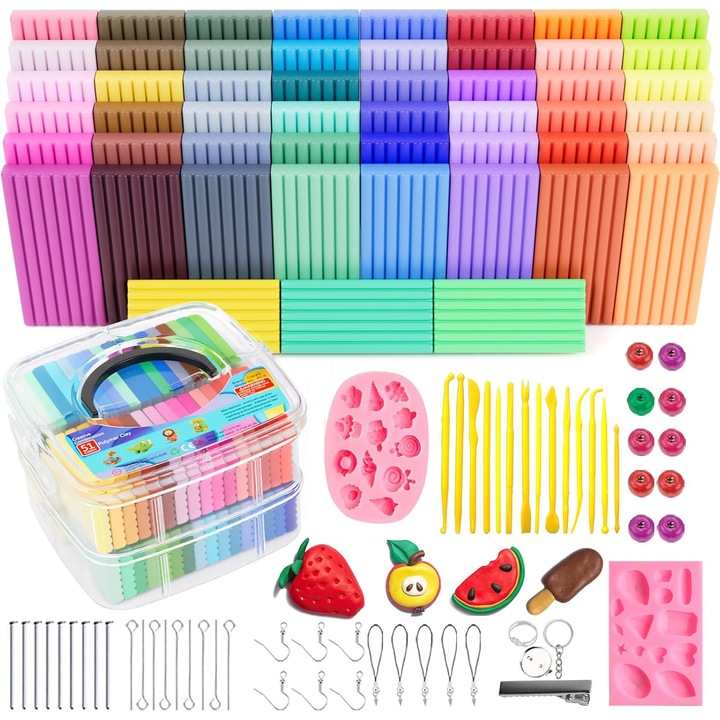 Kit de lut polimeric pentru copii, 50 de culori, set de lut polimeric, lut modelabil intaribil la cuptor cu 19 instrumente de sculptat si 2 matrite de silicon din pietre pretioase, non-toxic, lut