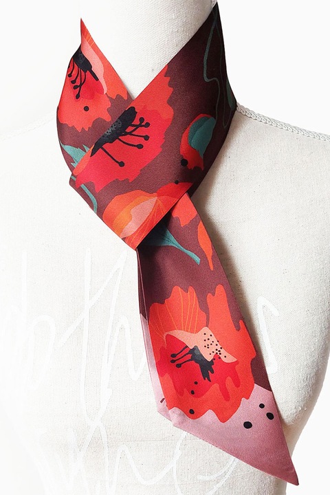 ROZMARIN CONCEPT, Esarfa de matase cu model floral, Rosu, Verde, Maro cognac