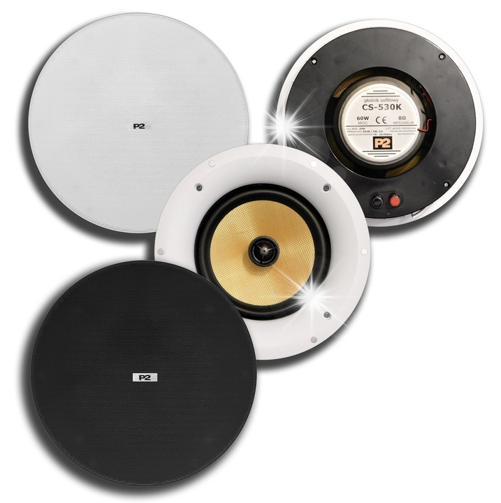 Difuzor de tavan incastrat P2 CS-530K, woofer 5,25'' cu membrana kevlar, tweeter cu membrana de matase, 30 W RMS, 8 Ω, grila magnetica, alb, O montaj 180 mm