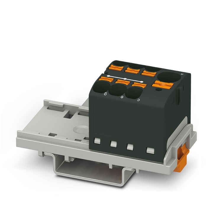 Blok rozdzielczy PTFIX 10/6X4, 7 conexiuni, 800V, 32A, negru, montaj pe sina DIN NS35