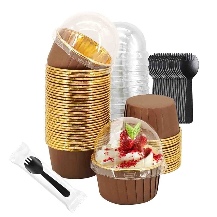 Set 50 forme de copt prajituri, asskanaer, Forme de copt pentru briose, Unica folosinta, Cu lingura, Rezistenta la grasimi, Antiaderenta, Termorezistenta, Pentru briose, cupcakes si prajituri, Hartie cretata, 5*3.9*6.8cm, Maro auriu
