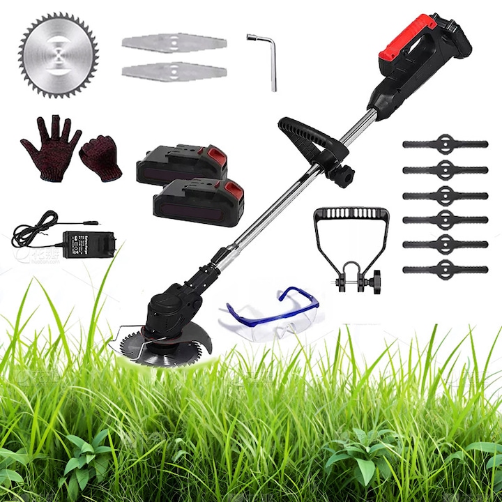 Masina de tuns iarba electrica, Bedee, Trimmer electric 3 in 1, 21V, 500W, Trei tipuri de lame, opt in total, 2 baterii si incarcator, Cu ochelari de protectie, Scalabil 90-120 cm, Negru