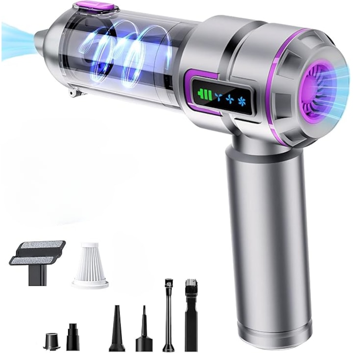 Aspirator Auto Portabil 4 in 1, 20000 PA, Baterie 6000mAh, 100W, 130000RPM, Autonomie 30min, Aspirare, Suflare, Vacuum, afisaj LED 3 Viteze Ajustabile, 8 Accesorii, Filtru HEPA, Aspirator pentru Masina si Casa, Gri