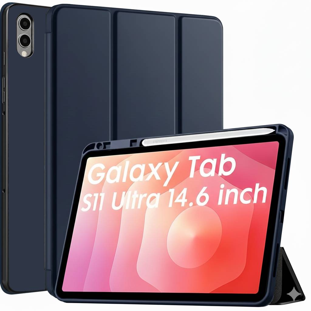 Husa pentru Samsung Galaxy Tab S11 Ultra Soft Shell Light & Slim cu functie wake-up/sleep si compartiment pentru stylus, tip stand - albastru inchis