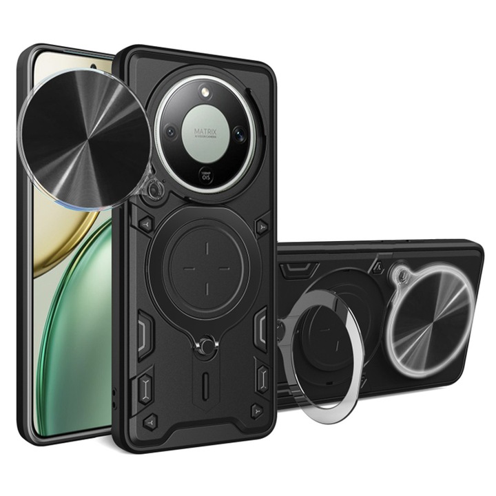 Husa pentru Honor Magic 8 Lite cu protectie pentru camera si suport magnetic integrat Ring Shockproof, negru