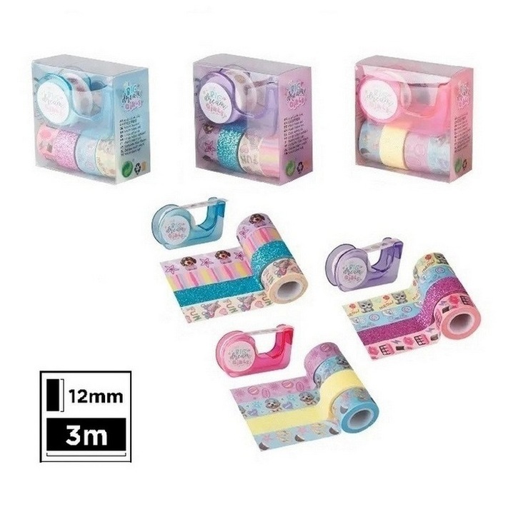 Set 15 x Banda adeziva decorativa 12 mm x 3 m + dispenser Main Paper ...