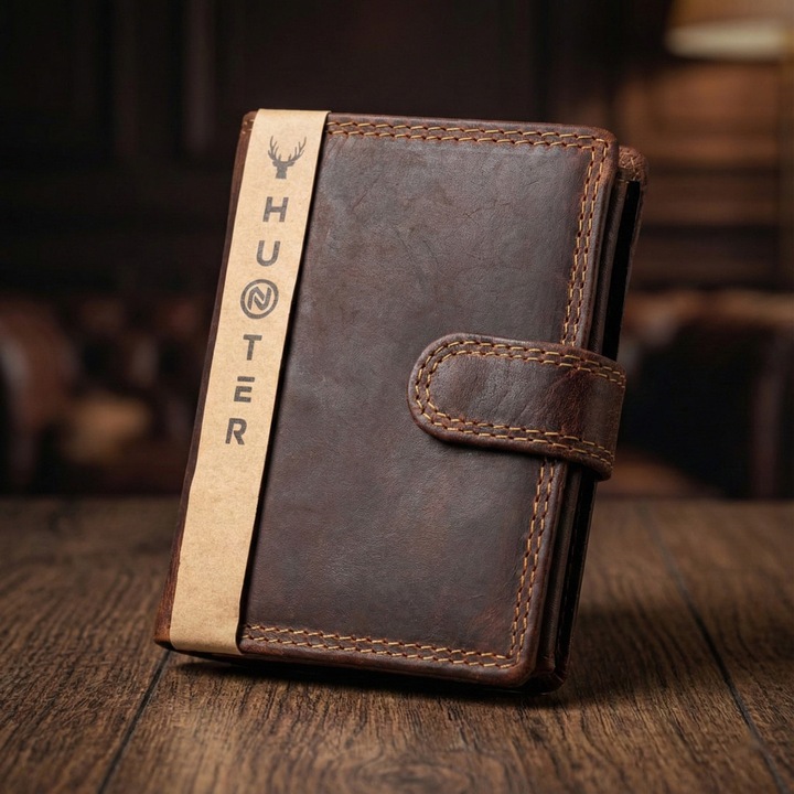 Portofel barbati, piele naturala, vertical, Hunter Heritage, 9.5x12.5x3 cm, maro cognac