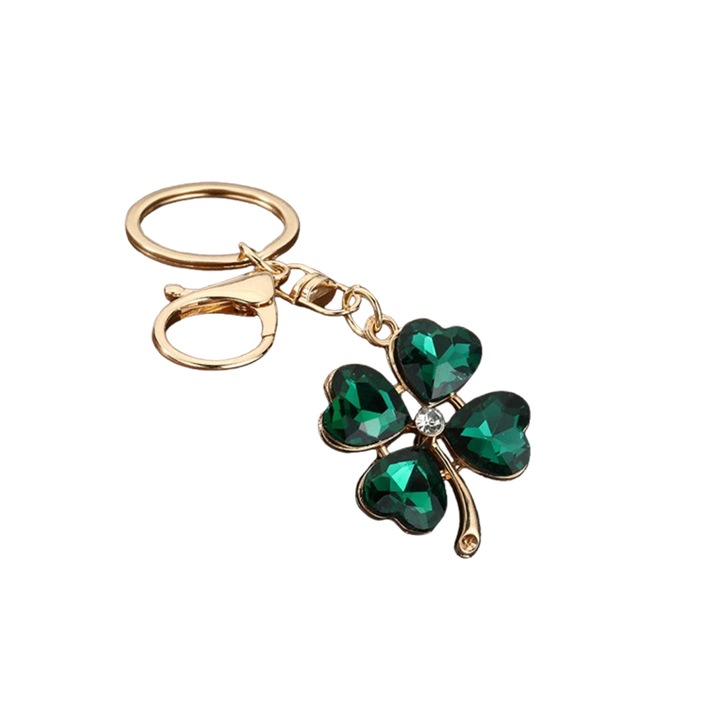 Négylevelű lóhere kulcstartó, kristály és strassz, sötétzöld, 5x2cm