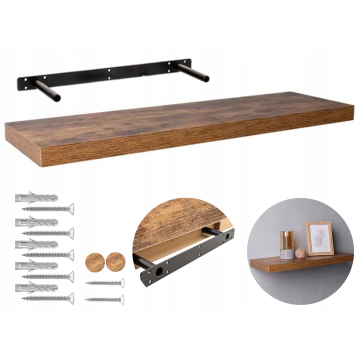 Raft De Perete Suspendat, INTEGRI, Model Hylly, Montare Invizibila, Suporturi Ascunse In Raft, Calitate Inalta, Orificii Suplimentare De Montare, Capacitate Mare De Incarcare, Design Elegant, 80 x 23 cm, Lemn
