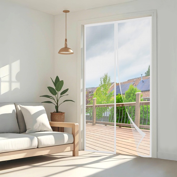 Mágneses szúnyogháló erkélyajtóhoz, 85x205cm, fehér, minimalista design, könnyű összeszerelés