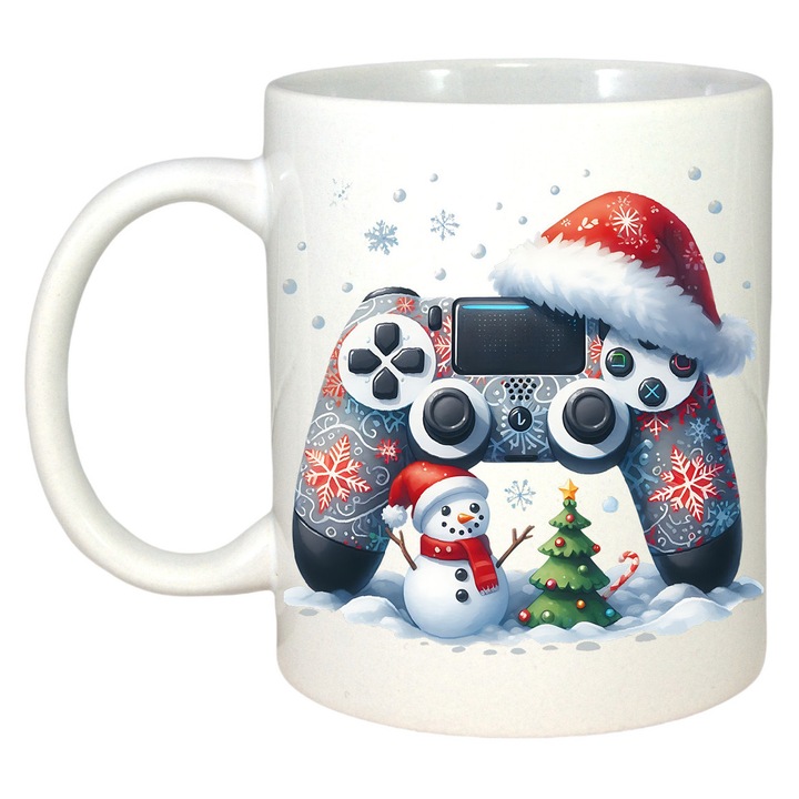 Cana Controller Negru Cu Mini Brad Si Om De Zapada Craciun, Cadou, Sarbatori, Secret Santa, Cri-Flo, Culoare Alb, 330 ml