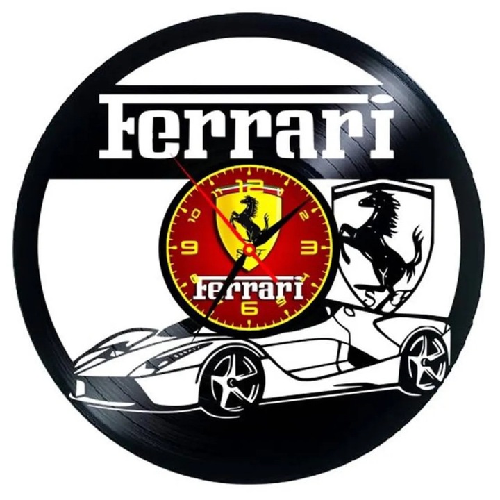 Стенен часовник Ferrari, рециклирана винилова плоча, 30x30 см, ръчна изработка, елегантен дизайн, червен и жълт