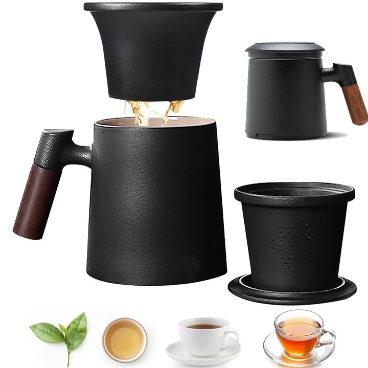 Ceai de portelan, Bedee, cu Filtru ceramic si capac de ceasca, Maner cald din lemn, 300ml, 11.6*9*14.3cm, Cesti de cafea care pot fi sigure pentru cuptorul cu microunde si masina de spalat vase, cani de ceai pentru bautorii de ceai, Negru